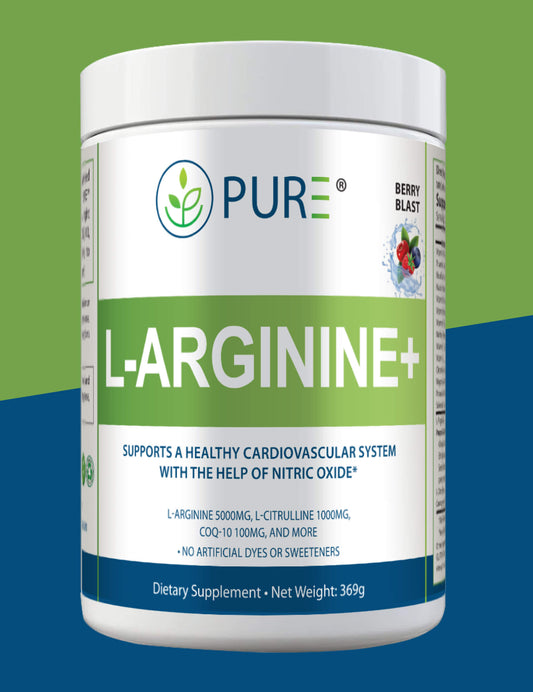PURE® L-Arginine+ Berry Blast powder supplement container. Label highlights cardiovascular support benefits with nitric oxide, featuring L-Arginine 5000mg, L-Citrulline 1000mg, CoQ-10 100mg, and more. No artificial dyes or sweeteners. Net weight: 369g.