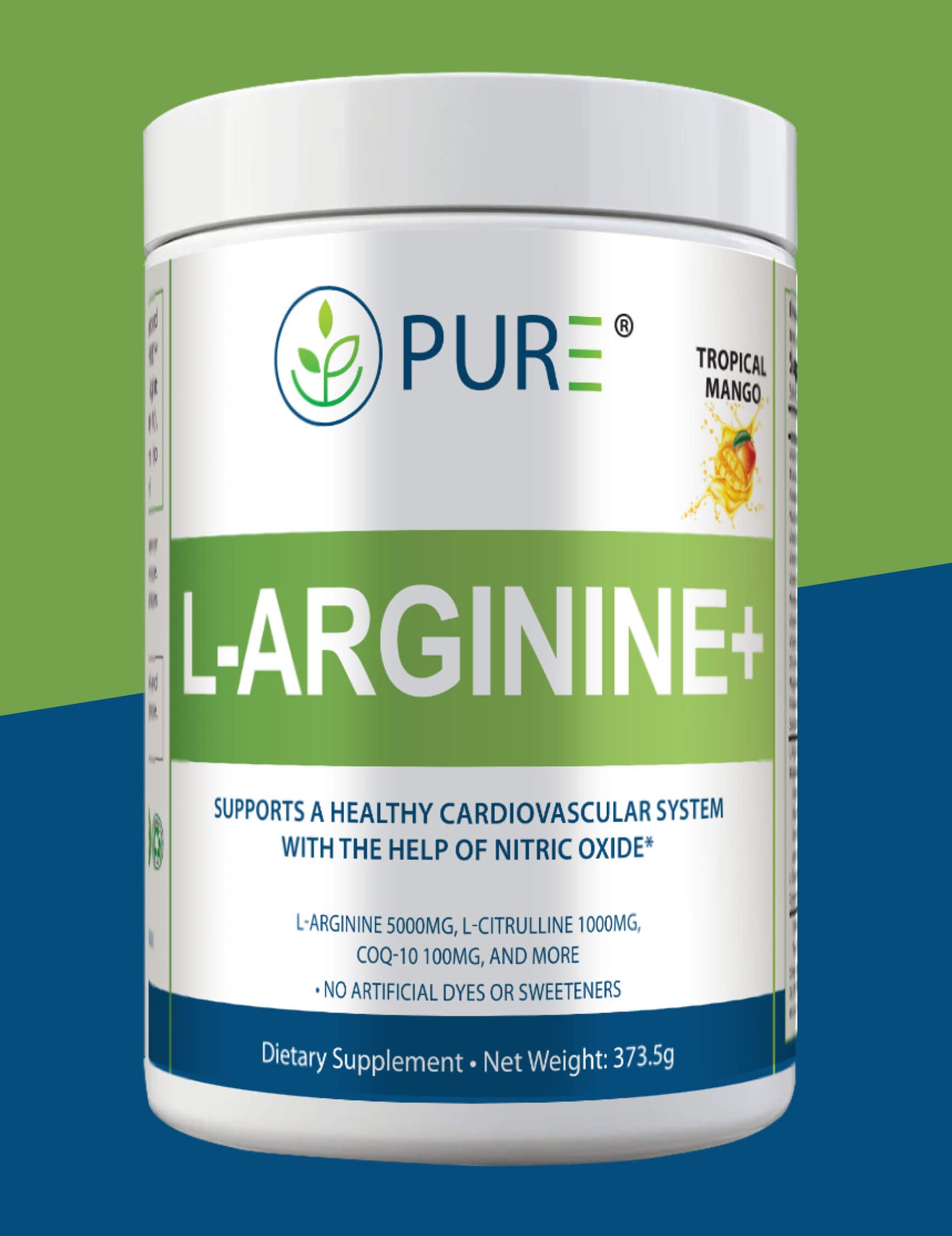 PURE® L-Arginine+ Tropical Mango powder supplement container. Label promotes cardiovascular support with nitric oxide, featuring L-Arginine 5000mg, L-Citrulline 1000mg, CoQ-10 100mg, and more. No artificial dyes or sweeteners. Net weight: 373.5g.