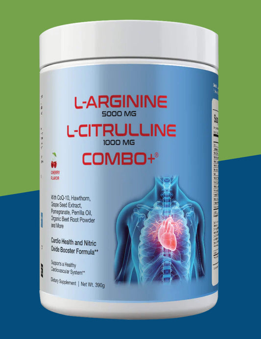 L-Arginine L-Citrulline Combo+® Cherry Flavor powder supplement container. Highlights 5000mg L-Arginine and 1000mg L-Citrulline, with added CoQ-10, hawthorn, grape seed extract, pomegranate, and more. Features a heart health illustration and promotes nitric oxide booster benefits. Net weight: 399g.