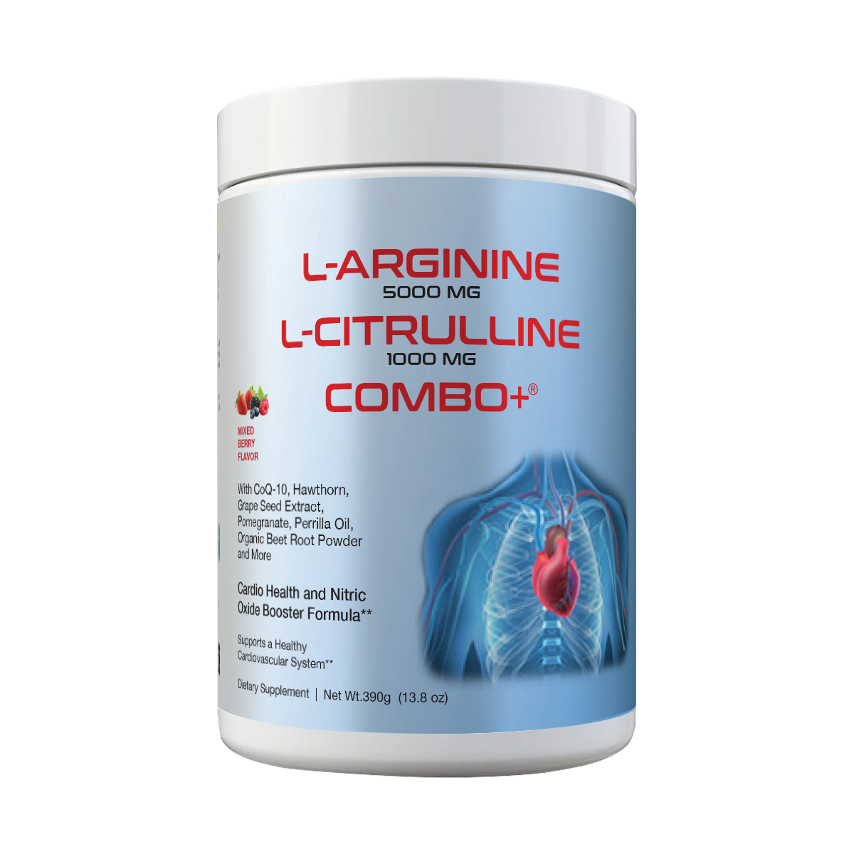 "Front view of L-Arginine L-Citrulline Combo+® powder supplement in Mixed Berry flavor. The label highlights 5000mg of L-Arginine and 1000mg of L-Citrulline per serving, with added ingredients including CoQ-10, hawthorn, grape seed extract, pomegranate, perilla oil, and organic beet root powder. The packaging features a visual of a heart within a human torso to emphasize cardiovascular support. Net weight: 390g (13.8 oz).