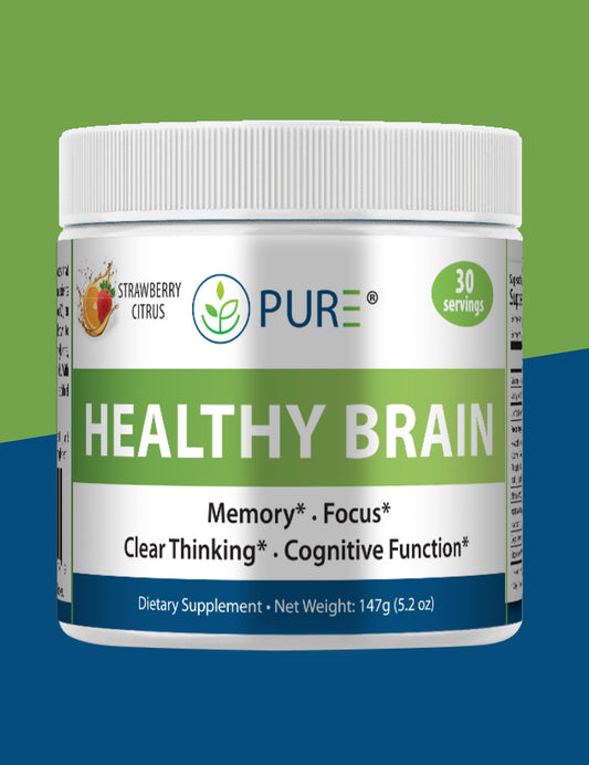 PURE® Healthy Brain supplement powder in Strawberry Citrus flavor. Designed to support memory, focus, clear thinking, and cognitive function. The label shows 30 servings per container with a net weight of 147g (5.2 oz). Includes fruit splash graphic and green-highlighted product name.
