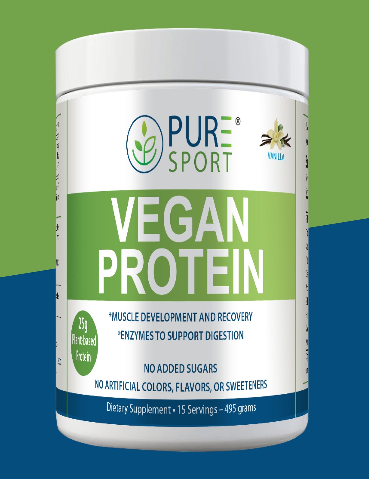 PURE® Sport Vegan Protein powder container labeled with 25g plant-based protein per serving. Promotes muscle development, recovery, and digestive support with added enzymes. Label indicates no added sugars or artificial colors, flavors, or sweeteners. Vanilla flavor shown; container holds 15 servings, 495 grams.