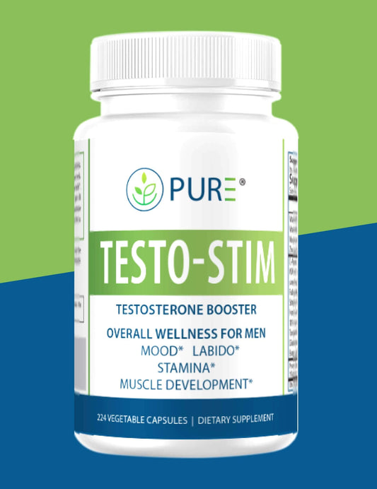 Front-facing bottle of PURE® Testo-Stim testosterone booster supplement. The white bottle with green and blue accents highlights benefits for men’s wellness including mood, libido, stamina, and muscle development. Label text includes “Testosterone Booster” and “224 Vegetable Capsules – Dietary Supplement,” set against a split green and blue background.