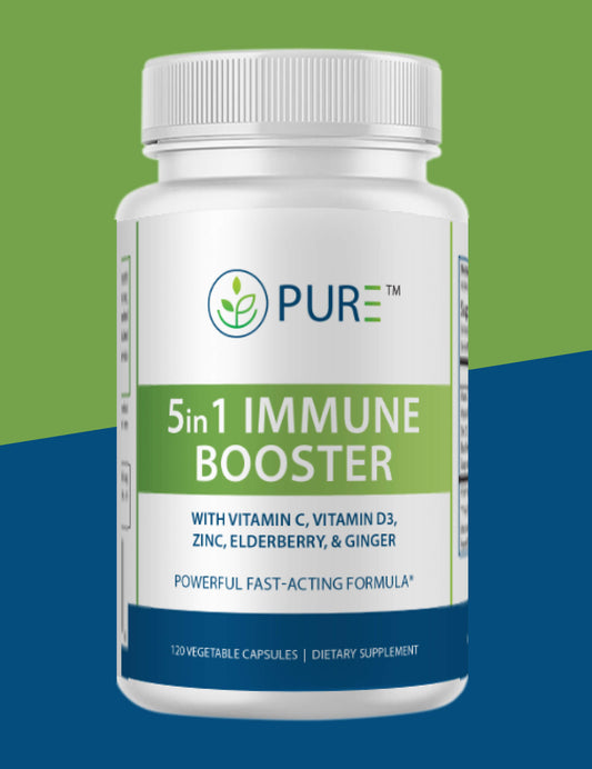 Front-facing image of a white bottle labeled "PURE® 5-in-1 Immune Booster" with green and blue accents. The label highlights that the supplement contains Vitamin C, Vitamin D3, Zinc, Elderberry, and Ginger. It also states "Powerful Fast-Acting Formula" and "120 Vegetable Capsules | Dietary Supplement."