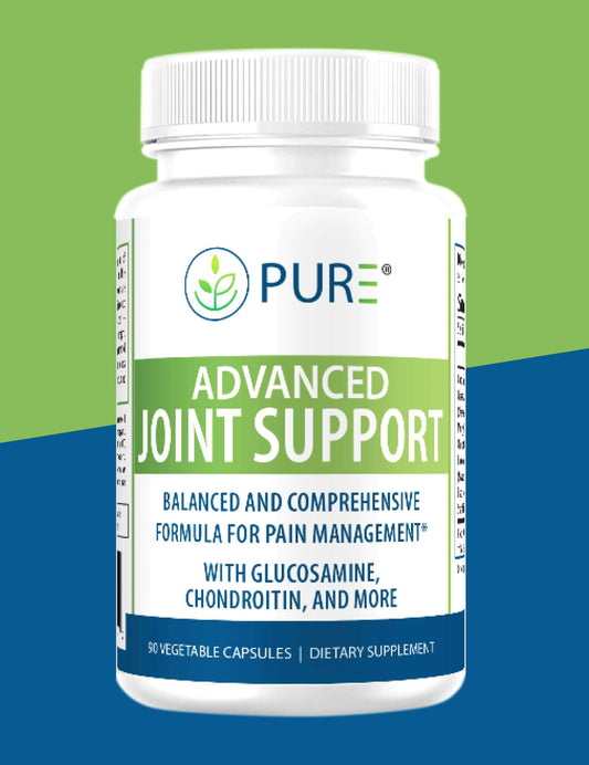 Front view of PURE® Advanced Joint Support dietary supplement bottle with a white and green label. The label reads: “Balanced and Comprehensive Formula for Pain Management* – With Glucosamine, Chondroitin, and More.” The bottle contains 90 vegetable capsules and is marketed to support joint pain relief, cartilage health, and improved mobility.