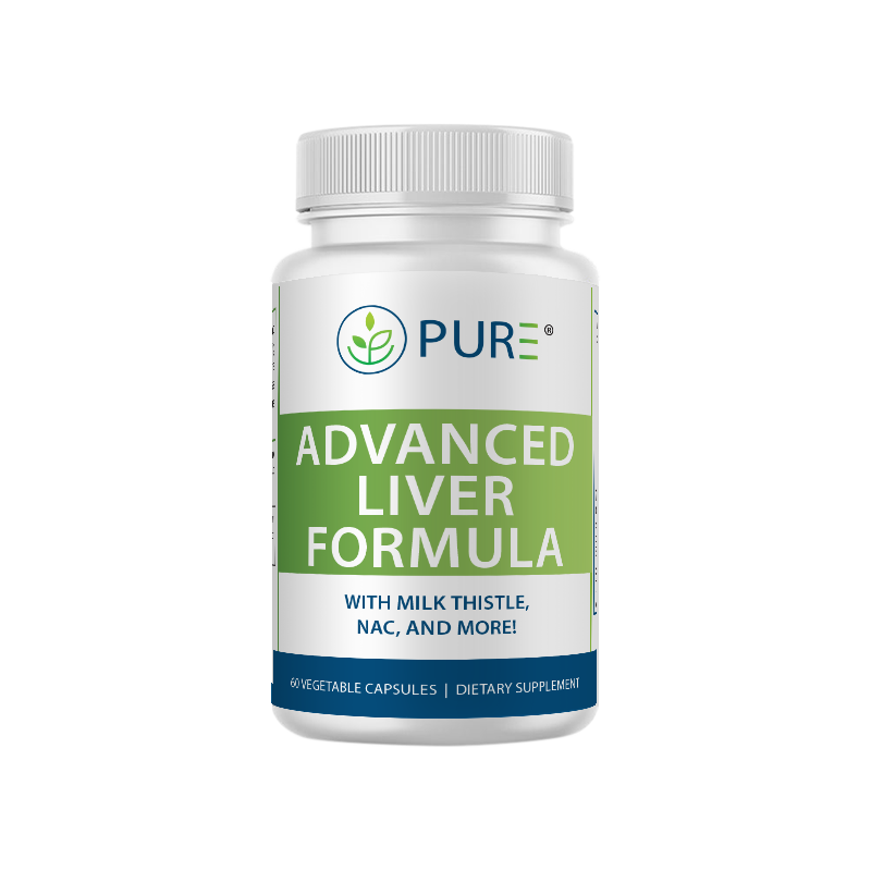 Front-facing product image of PURE® Advanced Liver Formula dietary supplement. The white bottle features a green and blue label with the PURE logo and product name. It highlights key ingredients—Milk Thistle, NAC, and more—and notes that the bottle contains 60 vegetable capsules designed for liver support and detox.