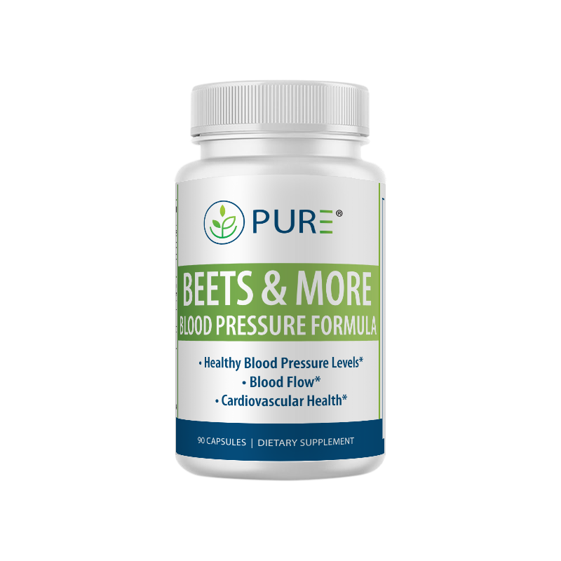 Front view of a white bottle of PURE® Beets & More Blood Pressure Formula dietary supplement. The label features green and blue branding, emphasizing benefits such as healthy blood pressure levels, improved blood flow, and cardiovascular health. Contains 90 capsules.