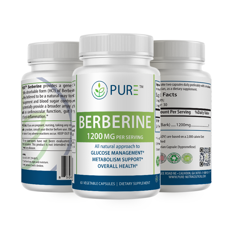 Three-bottle composite image of PURE® Berberine dietary supplement showing front, side, and back labels. The front highlights 1200mg per serving with benefits for glucose management, metabolism support, and overall health. The side labels include supplement facts, suggested use, a product description about Berberine HCl, ingredient sourcing, FDA disclaimer, and quality assurance icons. Each bottle contains 60 vegetable capsules.