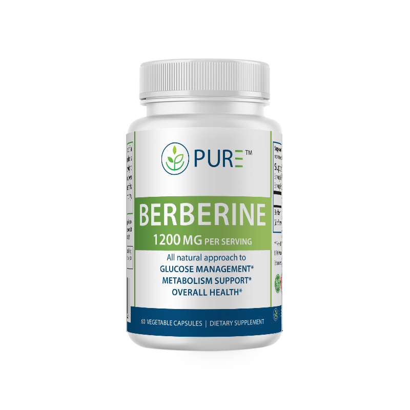 Front view of PURE® Berberine supplement bottle. The label features 1200mg per serving and promotes an all-natural approach to glucose management, metabolism support, and overall health. Contains 60 vegetable capsules. The PURE® logo is displayed above the product name on a clean white background with green and blue accents.