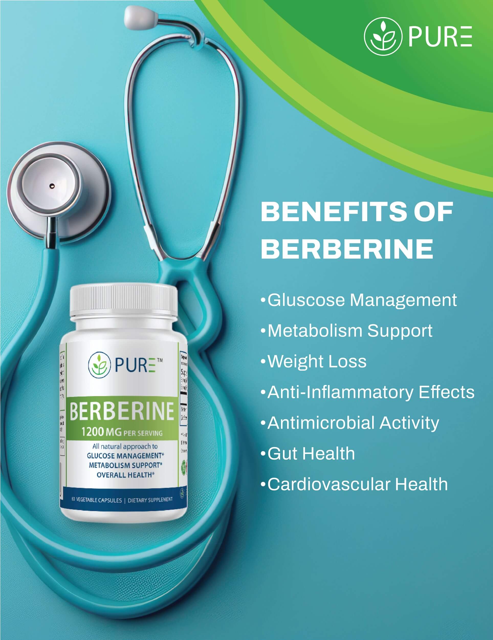 Promotional banner for PURE® Berberine dietary supplement featuring a stethoscope on a blue background and a bottle of PURE® Berberine in the foreground. Text highlights key benefits: glucose management, metabolism support, weight loss, anti-inflammatory effects, antimicrobial activity, gut health, and cardiovascular health. PURE® logo appears in the top right corner.