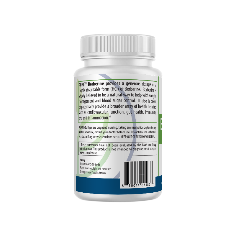 Left-side view of PURE® Berberine supplement bottle showing a product description emphasizing the high-absorption HCl form of berberine. Describes benefits such as weight management, blood sugar control, cardiovascular support, gut health, immunity, and anti-inflammatory effects. Includes warning for pregnant or nursing individuals, FDA disclaimer, storage instructions, and a barcode.
