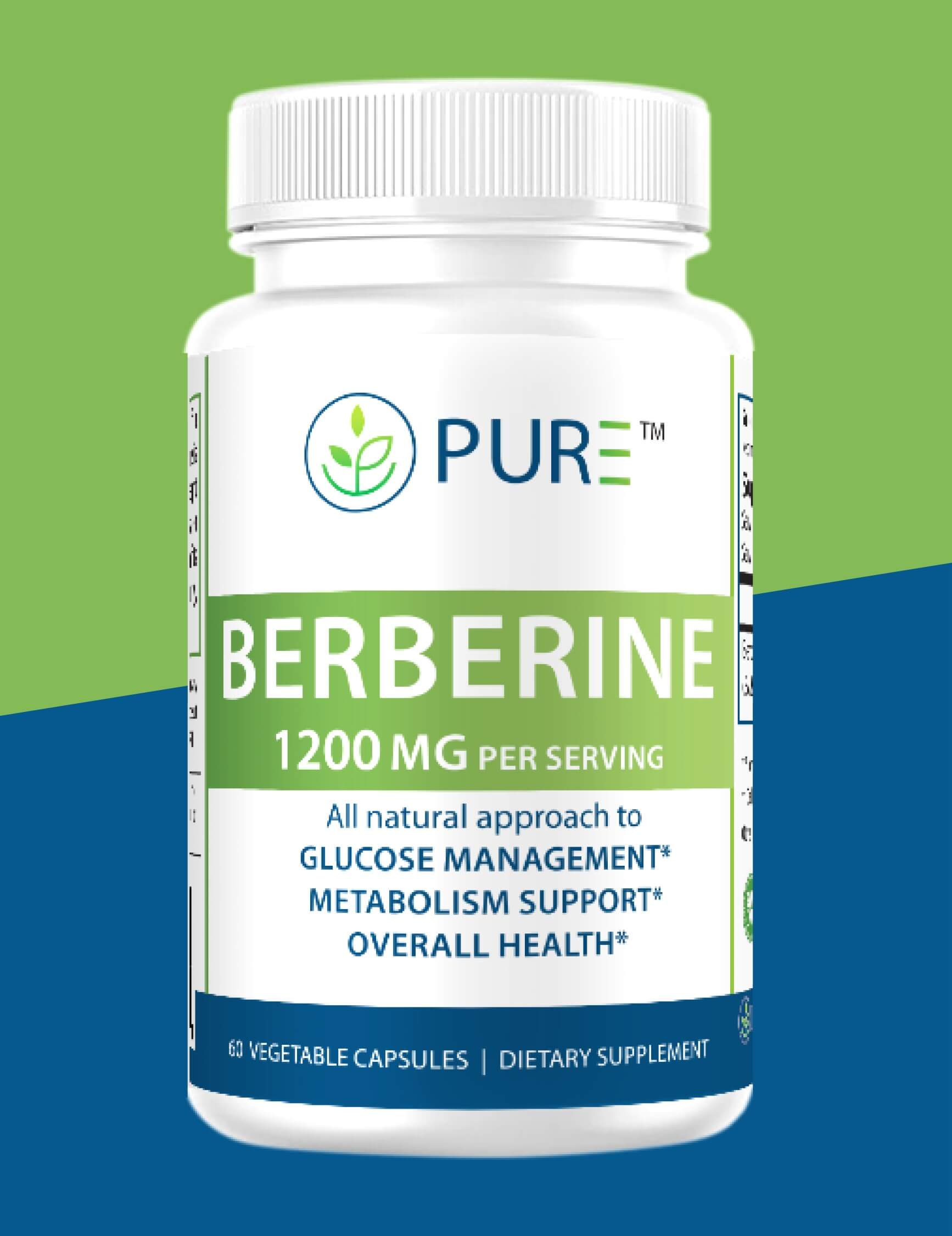Front-facing image of PURE® Berberine dietary supplement bottle with a green and white label. The label highlights '1200 MG per serving' and promotes an all-natural approach to glucose management, metabolism support, and overall health. Contains 60 vegetable capsules. PURE® logo is displayed at the top.