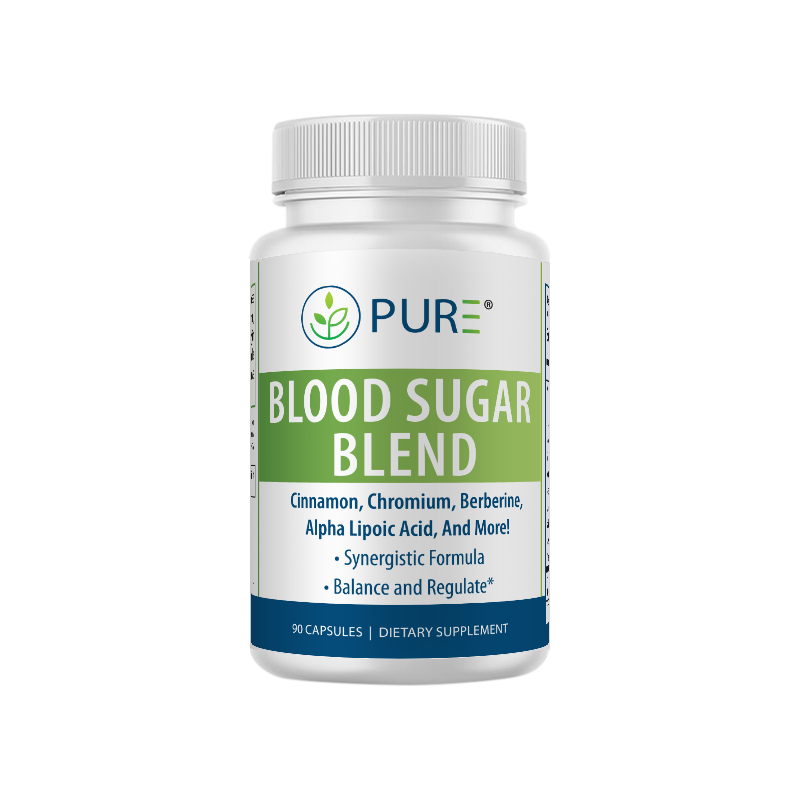 Front-facing product image of PURE® Blood Sugar Blend dietary supplement bottle, featuring a clean white design with green and blue label accents. The label emphasizes ingredients like cinnamon, chromium, berberine, and alpha lipoic acid, and lists benefits such as “Synergistic Formula” and “Balance and Regulate.” The bottle contains 90 capsules.