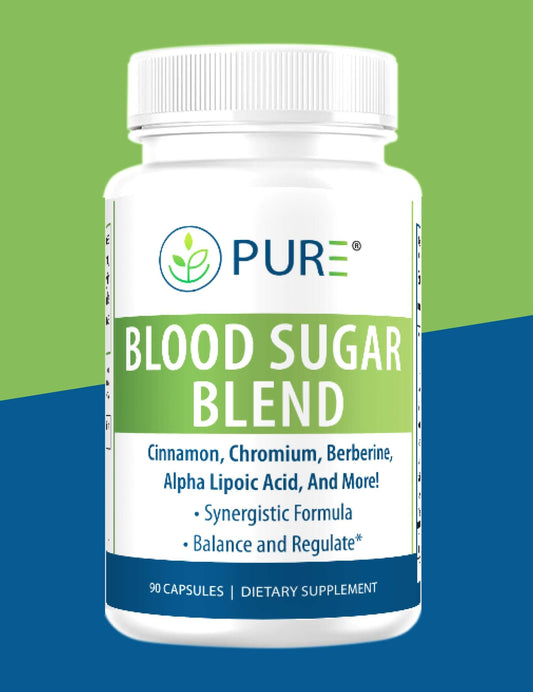 Front-facing image of a PURE® Blood Sugar Blend bottle, a dietary supplement containing 90 capsules. The label highlights key ingredients like cinnamon, chromium, berberine, and alpha lipoic acid, promoting blood sugar balance, metabolic health, and energy. The bottle features the PURE® logo and green-and-blue branding with benefits such as “Synergistic Formula” and “Balance and Regulate” printed on the front.