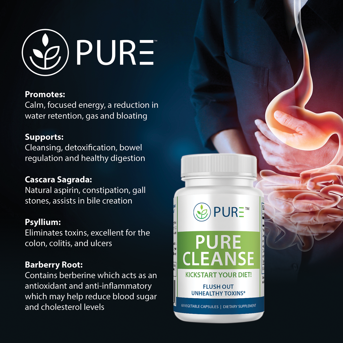 PURE® Cleanse promotional banner highlighting digestive and detox benefits. Includes key ingredients like cascara sagrada for bowel regularity, psyllium for toxin elimination, and barberry root for inflammation support. A product bottle appears next to a visual of the digestive system with the tagline “Kickstart Your Diet – Flush Out Unhealthy Toxins.”