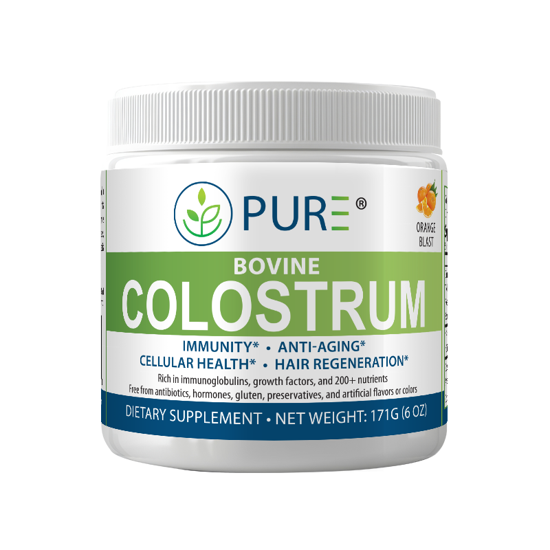 Front-facing PURE® Bovine Colostrum container in Orange Blast flavor, featuring green and blue labeling with benefits like immunity support, anti-aging, cellular health, and hair regeneration. The white tub highlights 171g (6 oz) of nutrient-rich powder and notes it’s free from antibiotics, hormones, gluten, and artificial additives. An orange fruit icon appears near the flavor label.