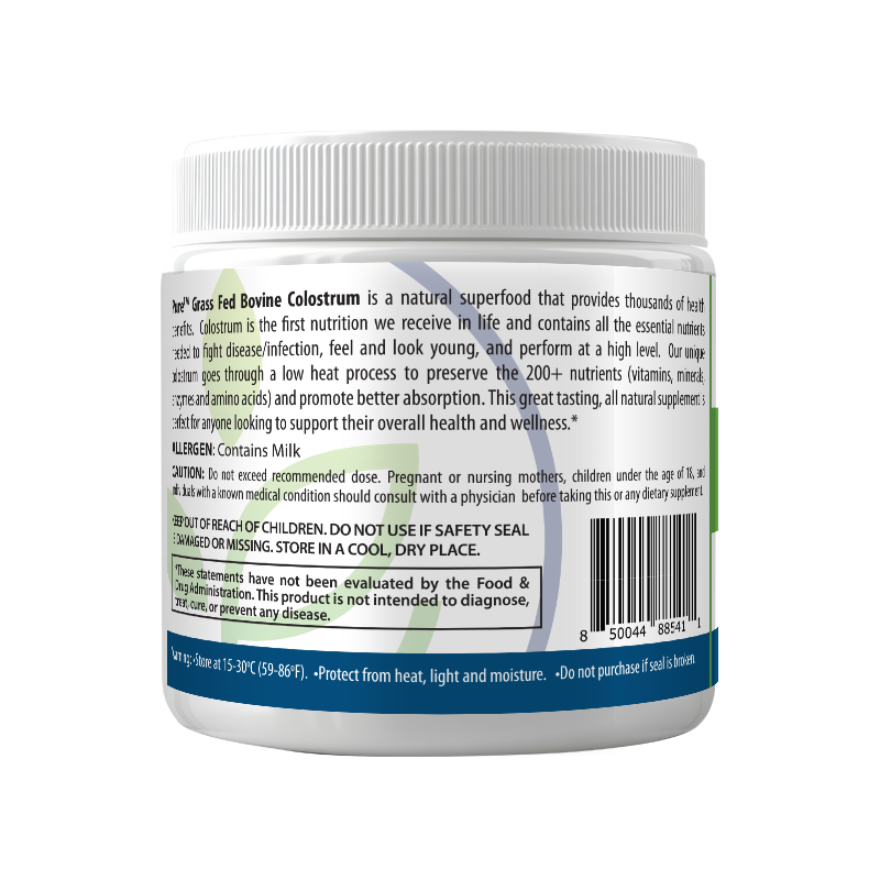 Left side of PURE® Bovine Colostrum container displaying detailed product description and safety information. The label explains the benefits of grass-fed colostrum for immunity, cellular health, and nutrient absorption. It includes cautionary notes for pregnant or nursing individuals, allergen information (contains milk), and a barcode. The design features white background with green, blue, and black text, suitable for all flavor variants.