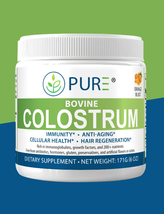 Front view of PURE® Bovine Colostrum dietary supplement in Orange Blast flavor, a 171g (6 oz) white powder container with green and blue labeling. Promotes immunity, anti-aging, cellular health, and hair regeneration. Label highlights over 200 nutrients including immunoglobulins and growth factors, and notes it's free from antibiotics, hormones, gluten, preservatives, and artificial additives.