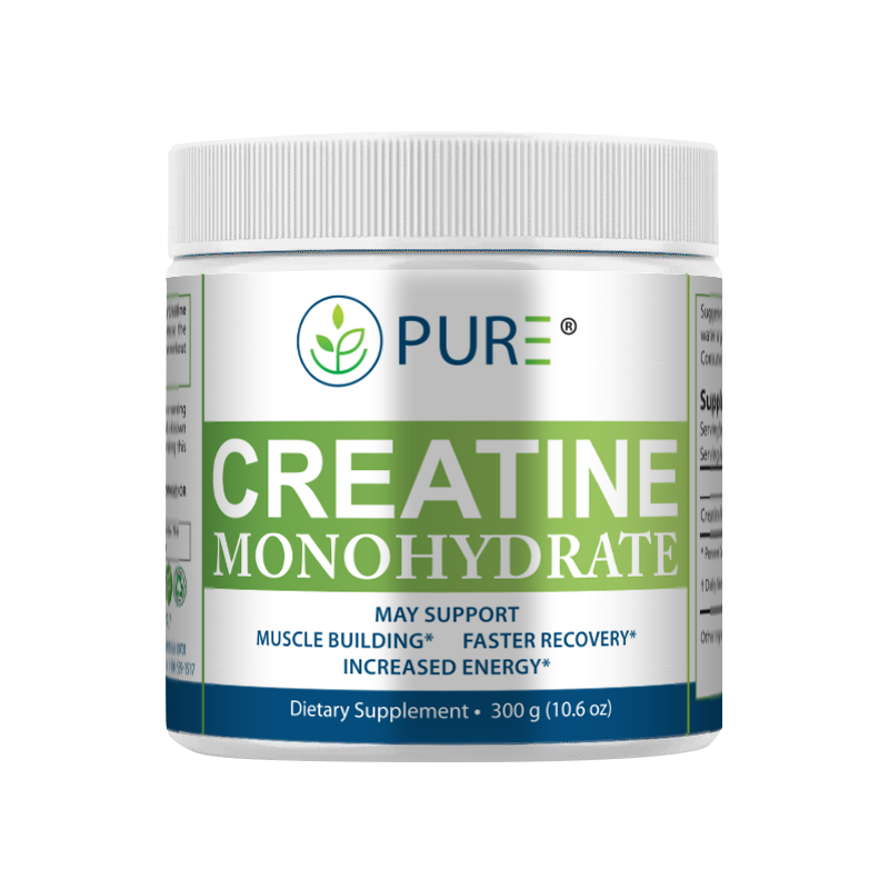 Front-facing image of PURE® Creatine Monohydrate container. The white jar features green and blue labeling, highlighting that the supplement may support muscle building, faster recovery, and increased energy. The label notes it contains 300g (10.6 oz) of unflavored powder.