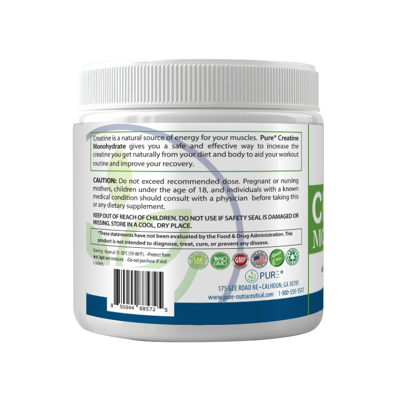Left side of PURE® Creatine Monohydrate container highlighting product benefits and safety information. Text emphasizes creatine as a natural energy source that aids workout performance and recovery. Includes cautionary guidance, FDA disclaimer, storage instructions, and certification icons such as Non-GMO, GMP, and lab-tested.