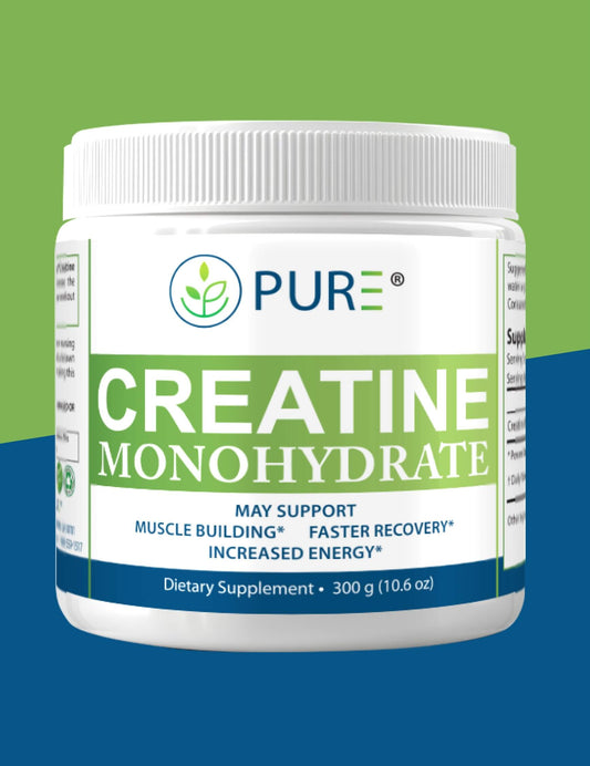 Front view of PURE® Creatine Monohydrate powder container. The white jar with green and blue branding highlights benefits such as muscle building, faster recovery, and increased energy. Labeled as unflavored, the product provides 5g per serving with 60 servings total (300g). Positioned against a two-tone green and blue background for a clean, athletic aesthetic.