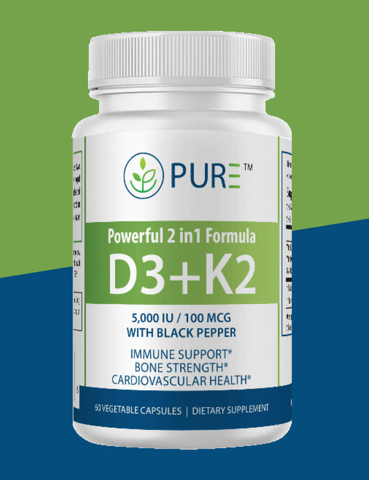 Front-facing view of a white bottle of PURE® D3 + K2 dietary supplement with green and blue branding. The label reads "Powerful 2 in 1 Formula D3 + K2" with dosage details "5,000 IU / 100 MCG with Black Pepper" and key benefits listed as "Immune Support*, Bone Strength*, Cardiovascular Health*." The bottle contains 60 vegetable capsules.