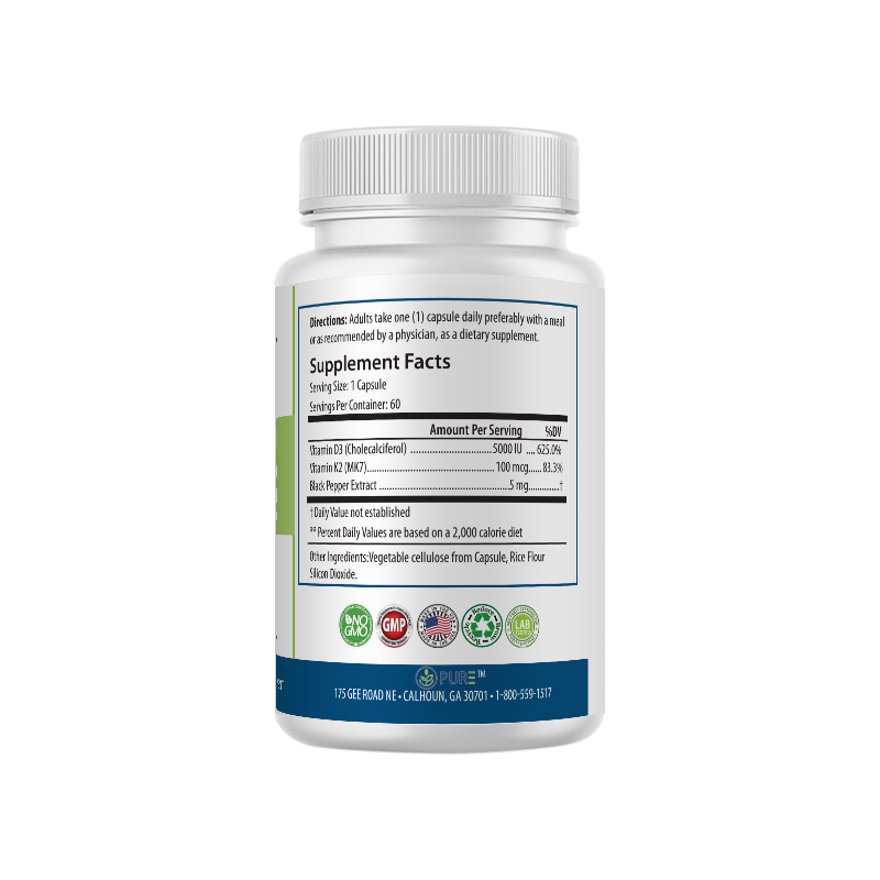 Back view of PURE® D3 + K2 supplement bottle displaying Supplement Facts. The label shows each serving size is 1 capsule, with 60 servings per container. Each capsule contains 5,000 IU of Vitamin D3 (Cholecalciferol), 100 mcg of Vitamin K2 (MK7), and 5 mg of Black Pepper Extract. Additional ingredients include vegetable cellulose, rice flour, and silicon dioxide. The label also features certification icons for non-GMO, GMP, made in the USA, lab-tested, and allergen-free.