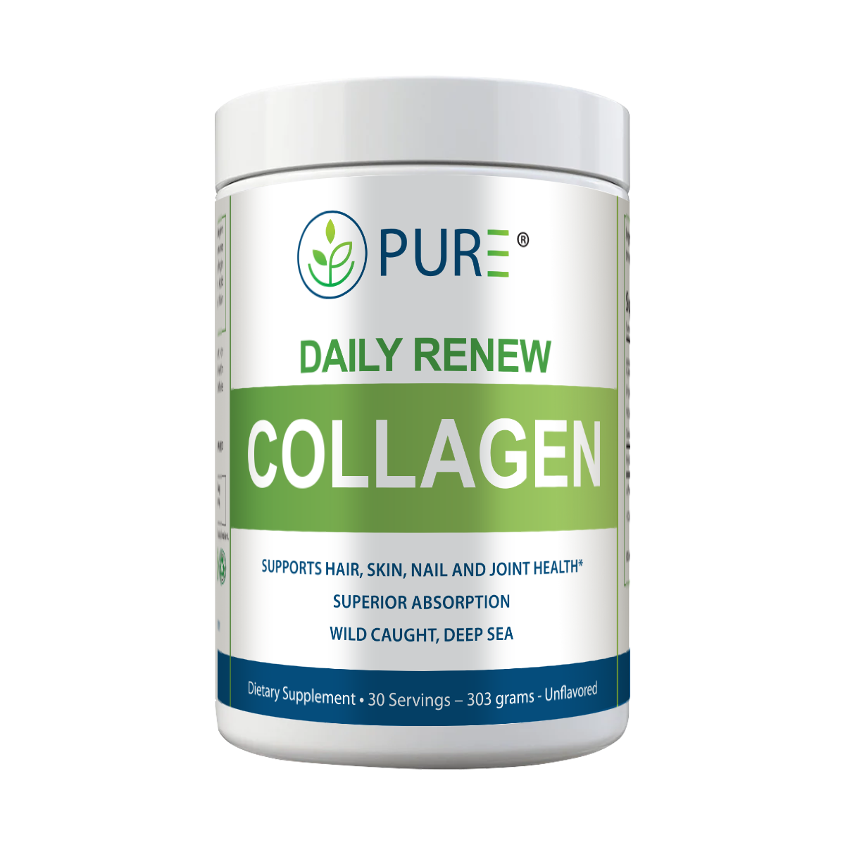 Front view of PURE® Daily Renew Collagen supplement container. The label highlights benefits including support for hair, skin, nails, and joint health, superior absorption, and sourcing from wild-caught deep sea collagen. The product is unflavored and provides 30 servings per 303-gram container.
