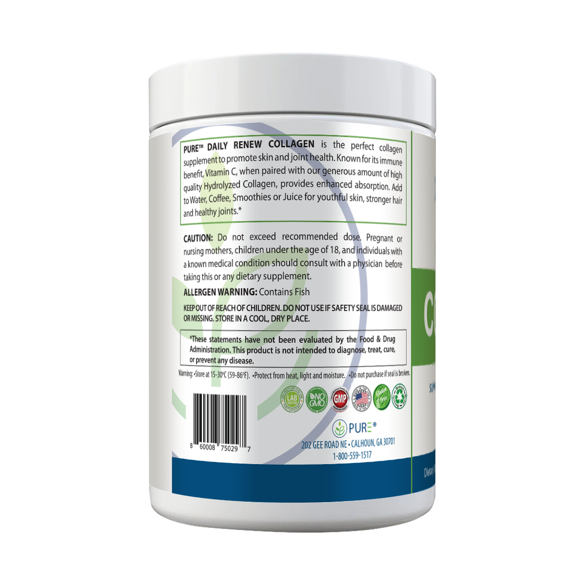 Left side label of PURE® Daily Renew Collagen container, describing benefits and usage. Text highlights support for skin, joint, and immune health with hydrolyzed marine collagen and vitamin C for enhanced absorption. Directions suggest mixing with water, coffee, smoothies, or juice. Includes caution and allergen warnings (contains fish), storage instructions, and icons for lab-tested, non-GMO, gluten-free, and GMP certified manufacturing.
