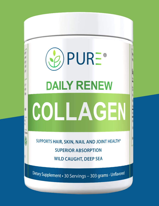 A white container of PURE® Daily Renew Collagen powder with a green and blue label. The product highlights benefits such as support for hair, skin, nails, and joint health, superior absorption, and marine collagen sourced from wild-caught deep sea fish. The label indicates it is unflavored with 30 servings per container (303 grams).
