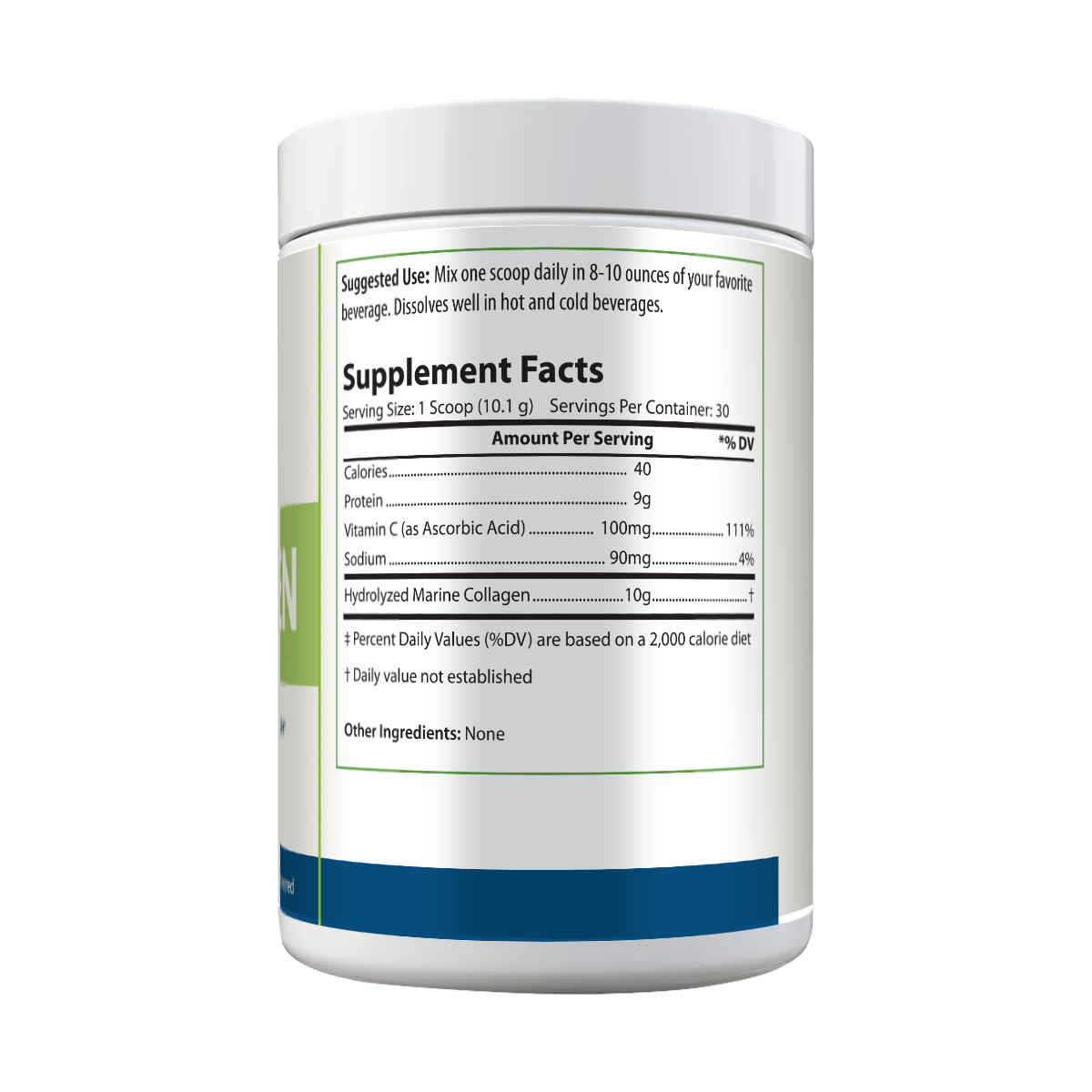 Supplement Facts panel for PURE® Daily Renew Collagen. Each 10.1g scoop provides 40 calories, 9g of protein, 100mg of Vitamin C (111% DV), 90mg of sodium (4% DV), and 10g of hydrolyzed marine collagen. No other ingredients listed. Suggested use: Mix one scoop daily in 8–10 ounces of your favorite beverage. Suitable for hot or cold drinks.