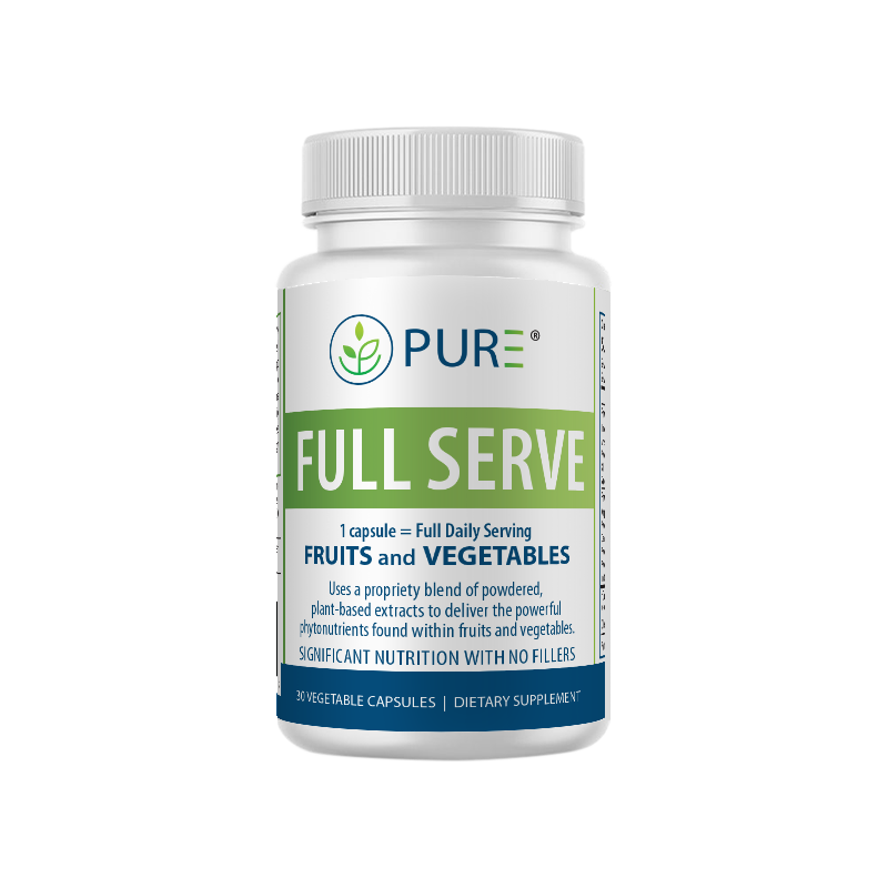 Front-facing view of the PURE® Full Serve dietary supplement bottle containing 30 vegetable capsules. The label highlights “1 capsule = Full Daily Serving Fruits and Vegetables,” and emphasizes plant-based extracts, powerful phytonutrients, and “Significant Nutrition with No Fillers.” The bottle features PURE’s green and blue branding on a white background.