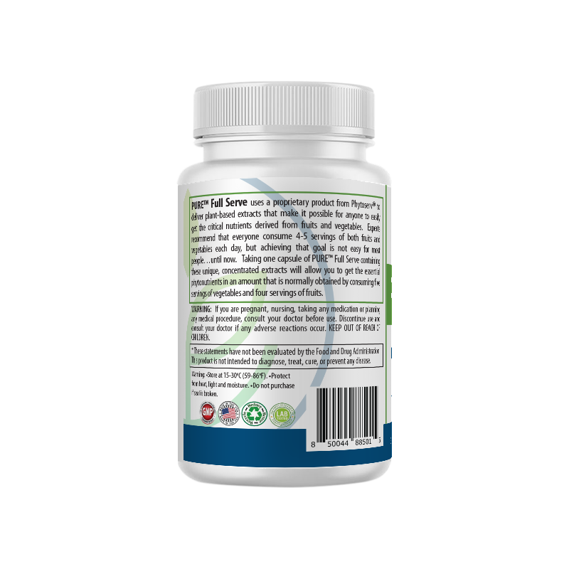 Left-side view of the PURE® Full Serve bottle showing the product description. The label highlights the supplement’s proprietary blend of plant-based extracts designed to deliver the phytonutrients found in 4–5 daily servings of fruits and vegetables. Also visible are warnings, storage instructions, and product certifications near the bottom of the label.