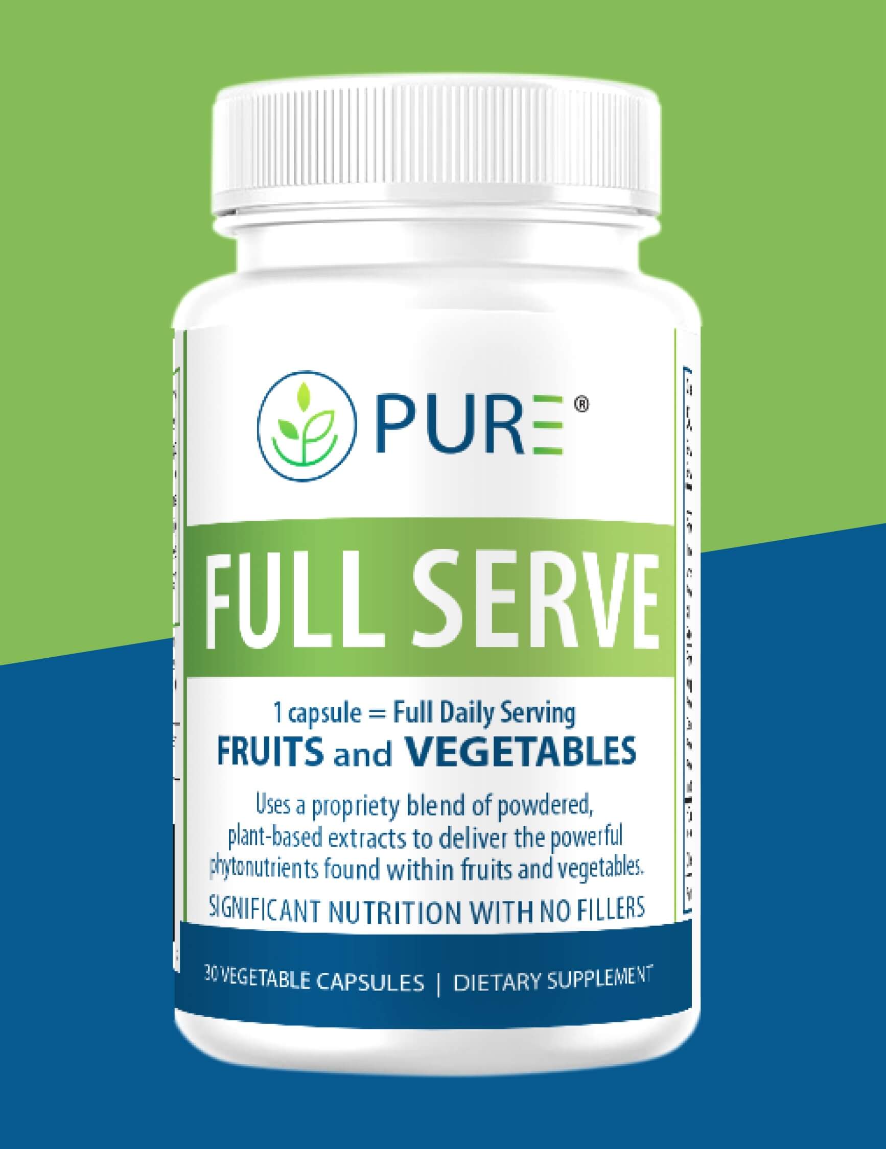 Front-facing bottle of PURE® Full Serve dietary supplement featuring 30 vegetable capsules. The label states that one capsule delivers a full daily serving of fruits and vegetables, using a proprietary blend of powdered plant-based extracts. Emphasizes “Significant Nutrition with No Fillers” in bold blue and white text on a green-and-blue label.
