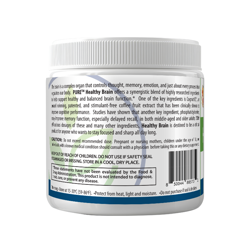 Left-side view of PURE® Healthy Brain supplement container, showing the product description and cautionary information. Text highlights the brain-boosting benefits of ingredients like Cognizin® and coffee fruit extract for memory, focus, and cognitive performance. Includes clinical support statements, dosage warnings, FDA disclaimer, barcode, and storage instructions. Suitable for all flavor variants including Mango Peach Tea and Strawberry Citrus.