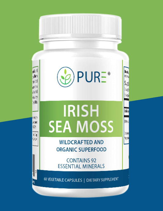 PURE® Irish Sea Moss dietary supplement bottle on a green and blue background. The label highlights it as a wildcrafted and organic superfood containing 92 essential minerals, with 60 vegetable capsules per container.