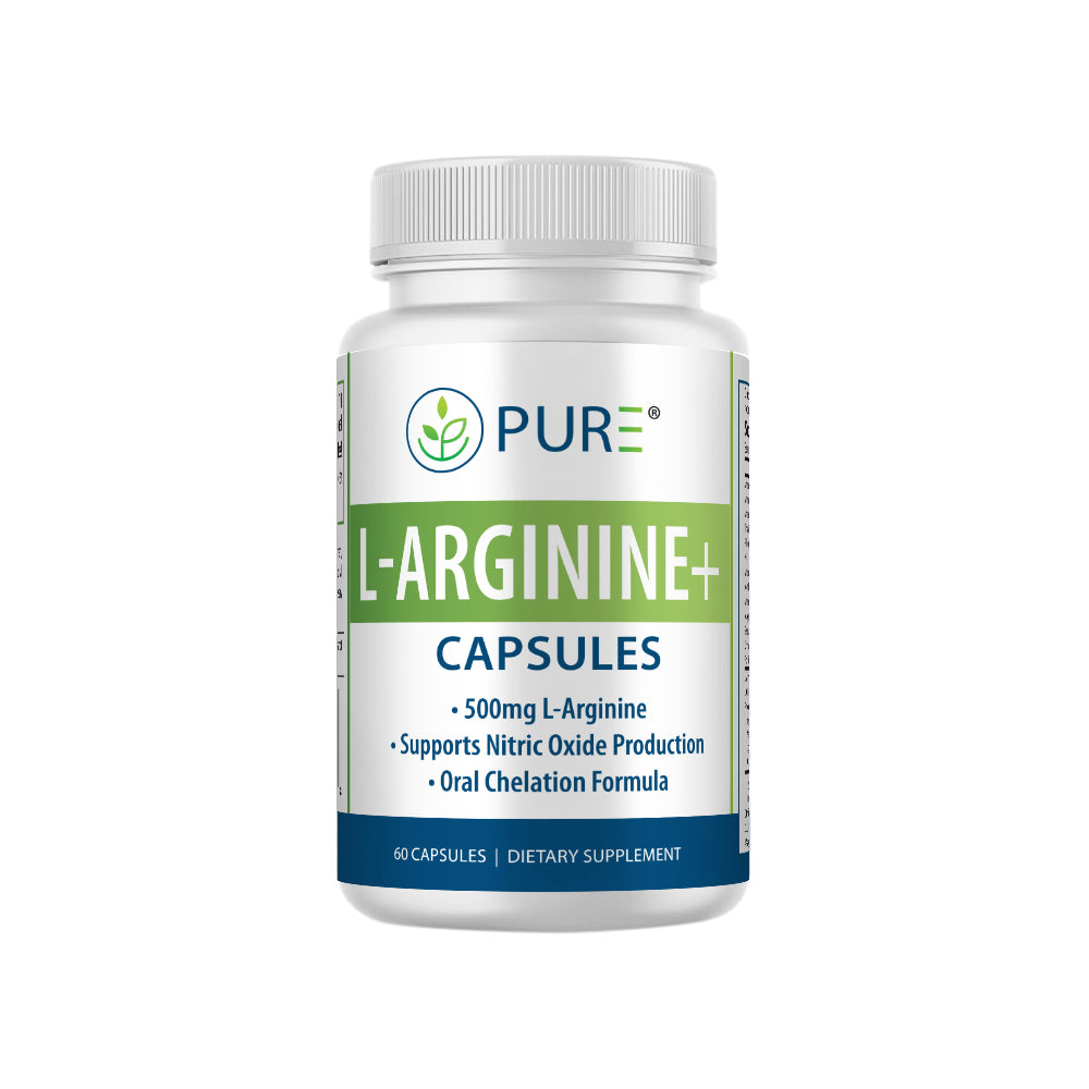 Front-facing product image of PURE® L-Arginine+ capsules, showing a white bottle with green and blue accents. The label highlights benefits including 500mg of L-Arginine, support for nitric oxide production, and an oral chelation formula. The bottle contains 60 dietary supplement capsules.