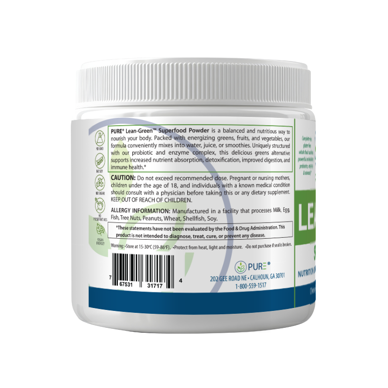 Left side of PURE® Lean-Green Superfood container displaying product description and cautionary information. Highlights include a description of the superfood powder’s benefits for digestion, detoxification, and immune health. The label notes that the product is non-GMO, vegan, soy-free, preservative-free, and keto-friendly. Contains allergy warnings and a barcode, with manufacturing details printed at the bottom.