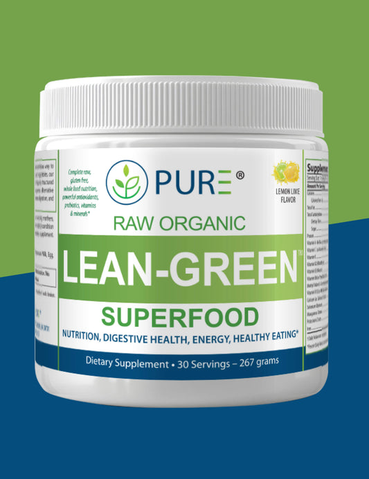 Front-facing image of PURE® Raw Organic Lean-Green Superfood container in Lemon Lime flavor. The label highlights benefits such as nutrition, digestive health, energy, and healthy eating. The container is white with green and blue accents, featuring the PURE® logo and the text “Dietary Supplement – 30 Servings – 267 grams.”