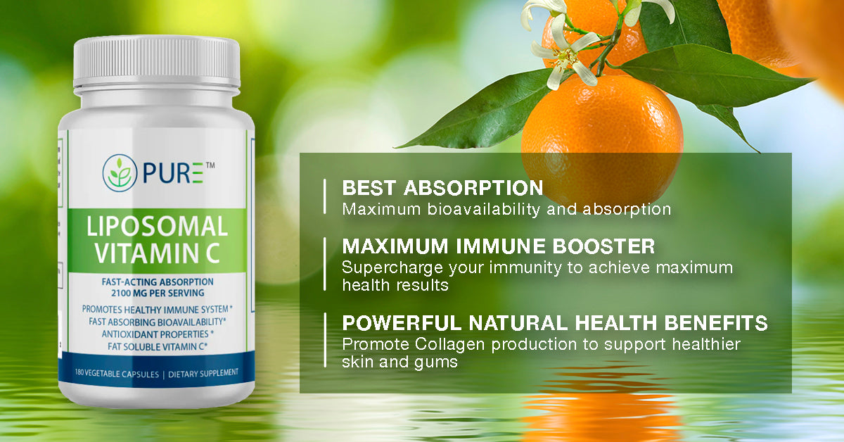 Promotional banner for PURE® Liposomal Vitamin C capsules, featuring a bottle on the left and ripe oranges on a tree in the background. Key benefits are listed on the right: "Best Absorption – Maximum bioavailability and absorption," "Maximum Immune Booster – Supercharge your immunity to achieve maximum health results," and "Powerful Natural Health Benefits – Promote collagen production to support healthier skin and gums."