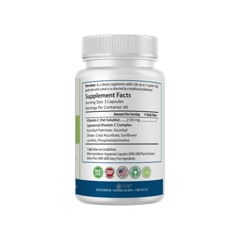 Back view of a bottle of PURE® Liposomal Vitamin C showing the Supplement Facts panel. The label lists a serving size of 3 capsules, with 60 servings per container. Each serving provides 2100 mg of fat-soluble Vitamin C in a Liposomal Vitamin C Complex including ascorbyl palmitate, ascorbyl oleate, cetyl ascorbate, sunflower lecithin, and phosphatidylcholine. The label also notes that the product is gluten-free, dairy-free, non-GMO, and made with plant-based capsules.