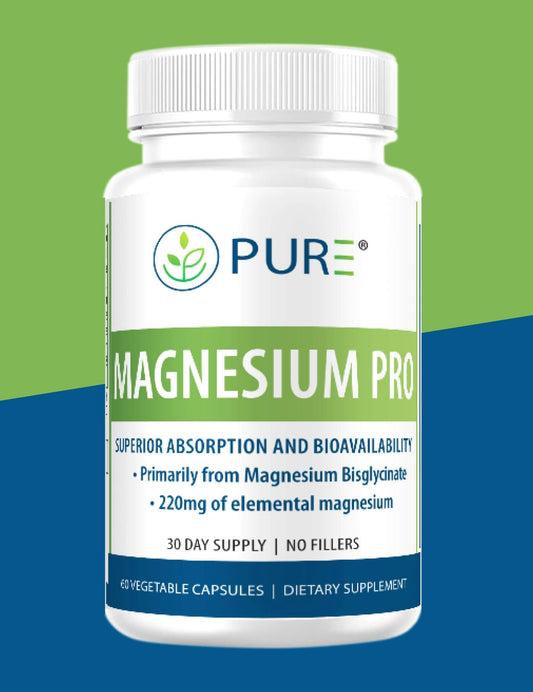 Front-facing PURE® Magnesium Pro supplement bottle with a green and blue background. Label highlights key benefits: "Superior Absorption and Bioavailability," "Primarily from Magnesium Bisglycinate," and "220mg of Elemental Magnesium." Additional text notes "30 Day Supply | No Fillers" and that the product contains 60 vegetable capsules. Designed for stress relief, muscle and bone support, and overall wellness.