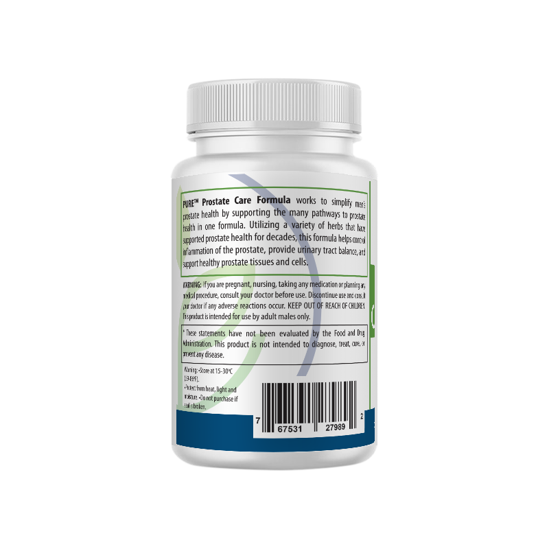 Left panel of PURE® Prostate Care Formula bottle showing product description, usage warnings, FDA disclaimer, and barcode. Text highlights herbal ingredients supporting prostate health, urinary tract balance, and inflammation reduction.