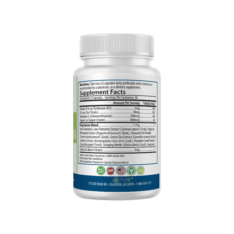 Back view of PURE® Prostate Care Formula bottle showing Supplement Facts label, with directions to take two capsules daily. Includes ingredients like Saw Palmetto, Beta-Sitosterol, Pygeum, and Uva Ursi in a proprietary blend, along with vitamins B6, Zinc, Selenium, and Copper.