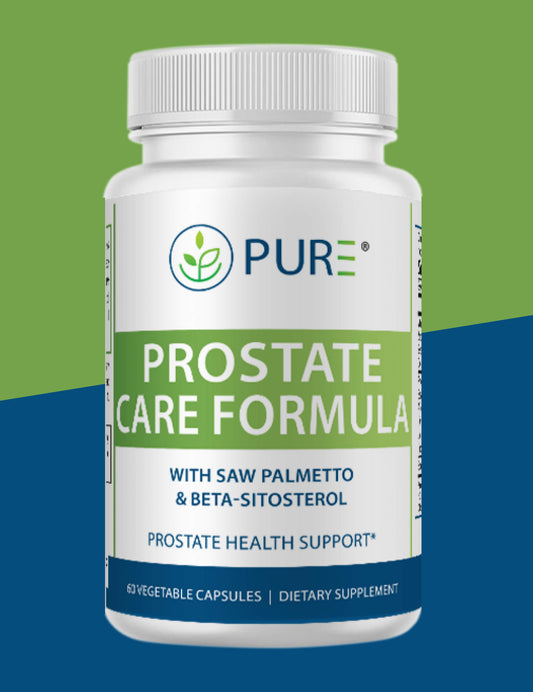 Front label of PURE® Prostate Care Formula dietary supplement bottle. Features a green and white label with the text 'Prostate Care Formula' and highlights key ingredients Saw Palmetto and Beta-Sitosterol for prostate health support. Bottle contains 60 vegetable capsules and promotes comprehensive prostate and urinary support.