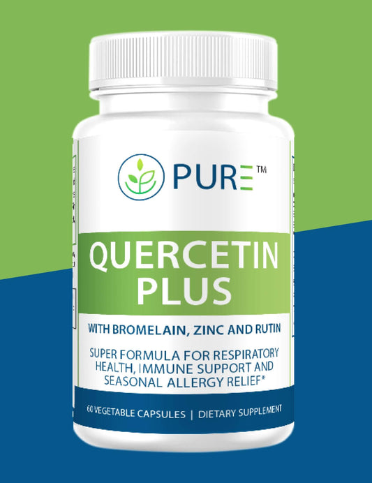 PURE® Quercetin Plus supplement bottle with a green and blue background. The label highlights it as a super formula with bromelain, zinc, and rutin for respiratory health, immune support, and seasonal allergy relief. Contains 60 vegetable capsules.