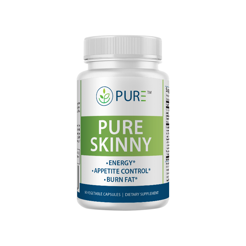 Front-facing image of a white bottle labeled PURE® Skinny dietary supplement. The label features the PURE logo and product benefits: Energy, Appetite Control, and Burn Fat. The bottle contains 60 vegetable capsules and is designed with a green and white color scheme, accented with a blue base. Clean, minimal background emphasizes product clarity and branding.