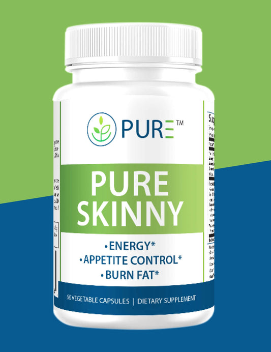 Front-facing product image of PURE® Skinny dietary supplement bottle. The label features a green and white design with blue accents and highlights benefits including energy, appetite control, and fat burning. The bottle contains 60 vegetable capsules and is branded with the PURE® logo at the top. Background includes a bright green and blue diagonal split.