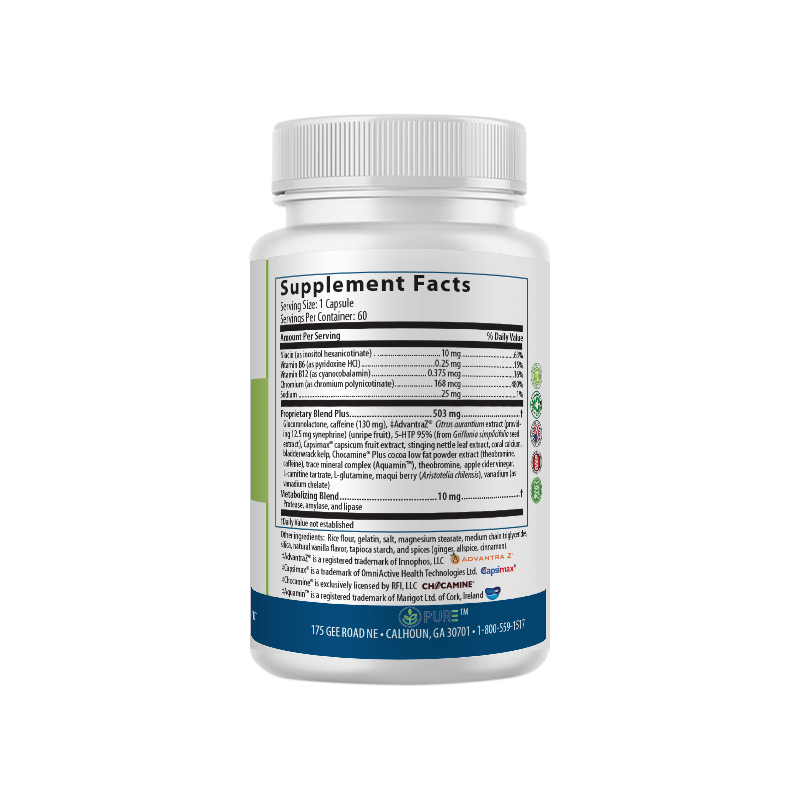 Back view of the PURE® Skinny supplement bottle showing the Supplement Facts label. Details include serving size (1 capsule), 60 servings per container, and ingredient list including vitamins B6, B12, chromium, iodine, and a proprietary blend featuring caffeine, green tea, L-carnitine, and other metabolism-boosting compounds. Blue and white bottle base includes manufacturer details and certification icons along the side.