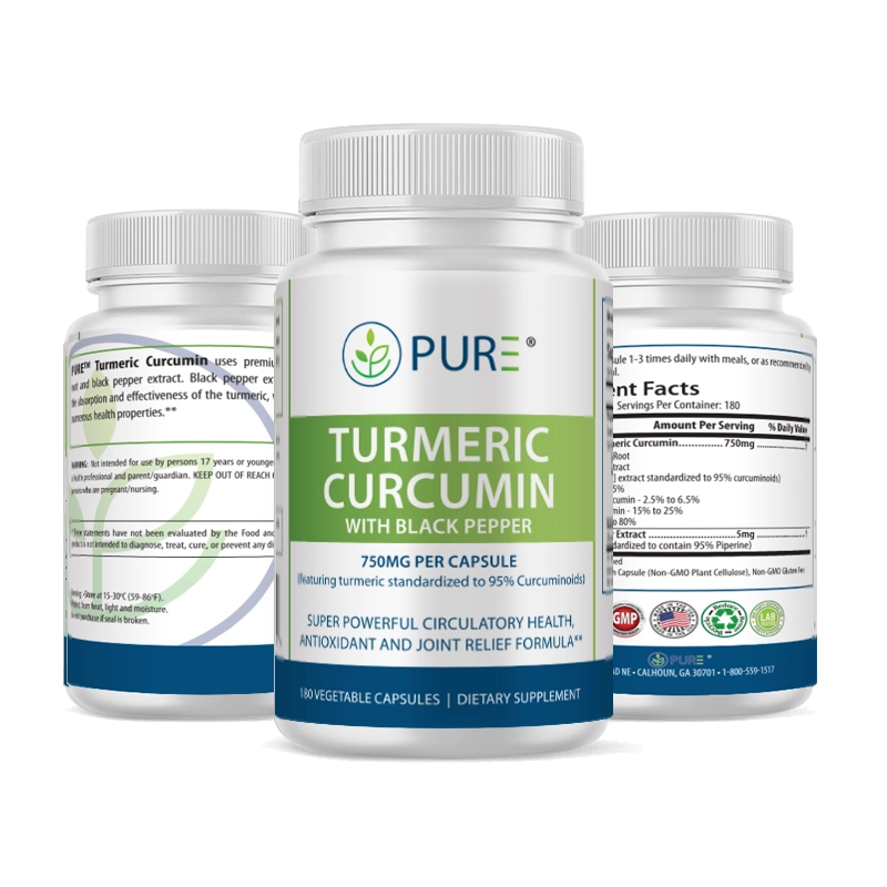 Three-view image of PURE® Turmeric Curcumin with Black Pepper dietary supplement, showing front, supplement facts, and ingredient details on the bottle. Labeled as 750mg per capsule with 180 vegetable capsules, the product highlights joint comfort, antioxidant support, and circulatory health benefits, featuring turmeric standardized to 95% curcuminoids.